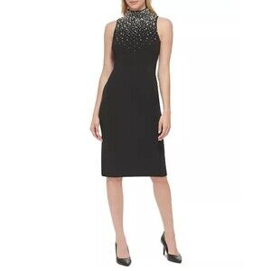 Karl Lagerfeld Paris Women's Fitted Midi Sheath Dress Size 10 Black with Pearls